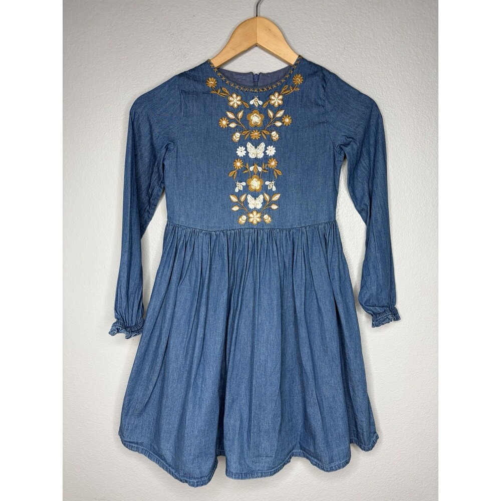 Mini Boden 8-9Y Boho Country Rodeo Floral Long Sleeve Dress Denim Blue Chambray